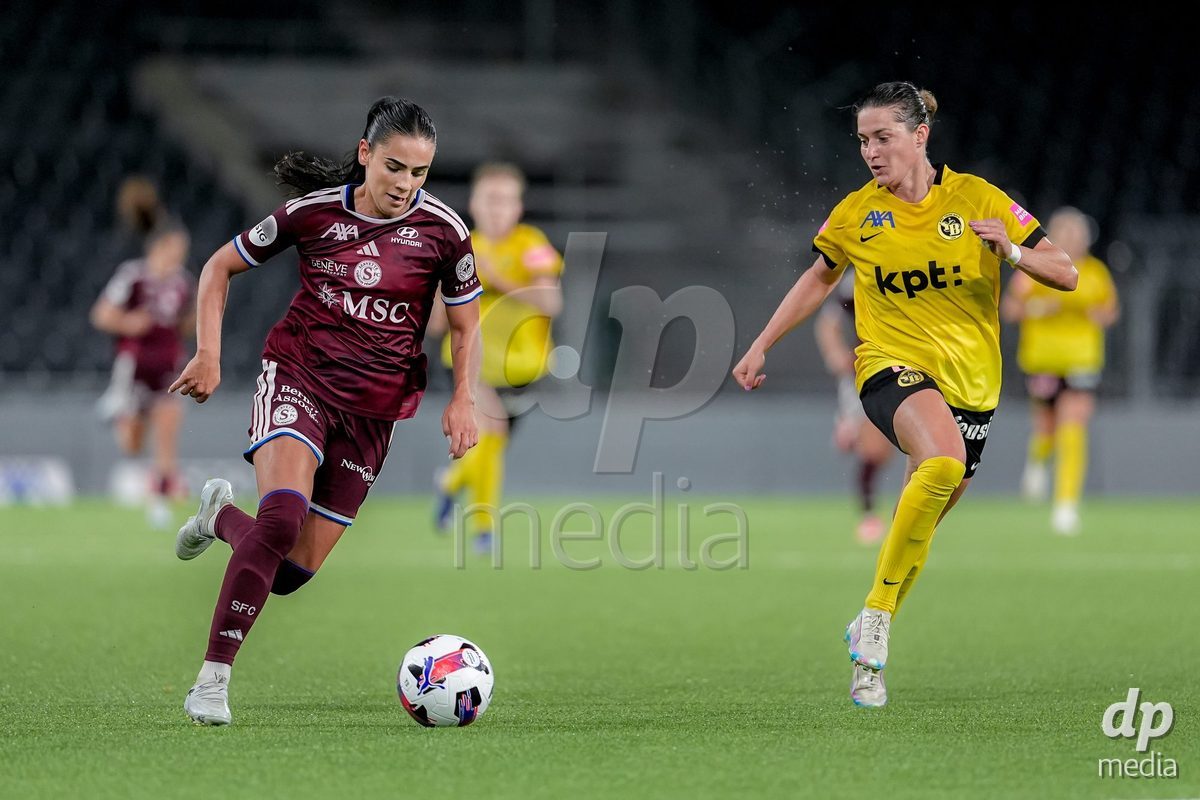 Switzerland: AXA Womens Super League 2026/27, BSC YB Frauen vs Servette FC Chenois Feminin - Wankdorf Stadium, Bern: Wibke Meister (18 BSC YB Frauen), right, and Meriame Terchoun (25 Servette FC Chenois Feminin), left, in action.