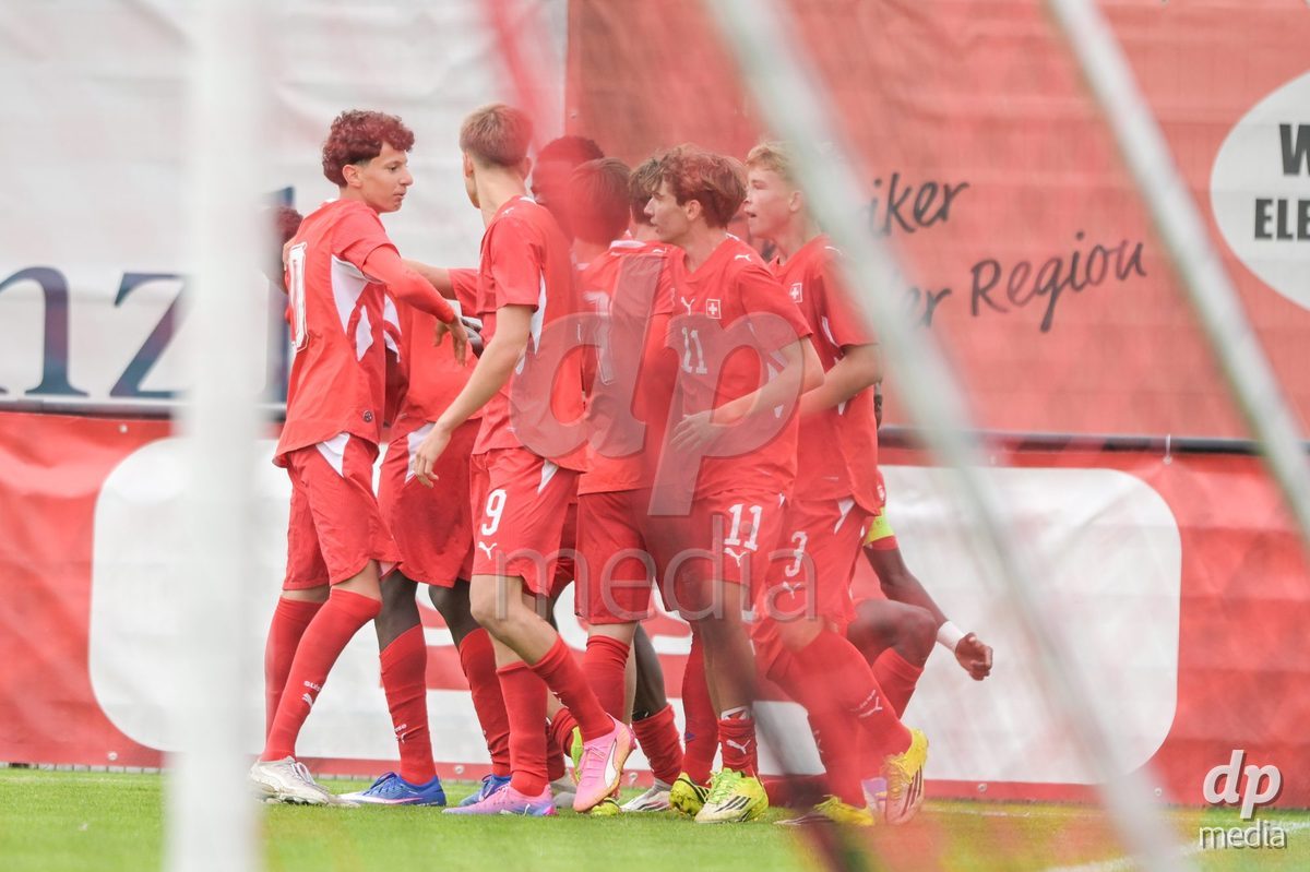 CHUR, SWITZERLAND - September 10: a players of Switzerland celebrate the 2-0 gol during the International friendly match between Switzerland U16 and Luxembourg U16 at Stade de Chur on September 10,2026 in Chur, Switzerland