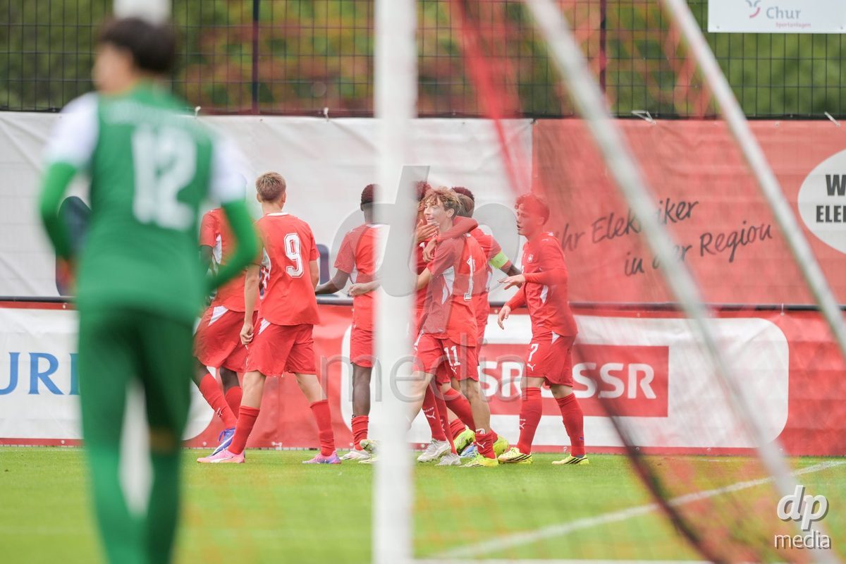CHUR, SWITZERLAND - September 10: a players of Switzerland celebrate the 2-0 gol during the International friendly match between Switzerland U16 and Luxembourg U16 at Stade de Chur on September 10,2026 in Chur, Switzerland
