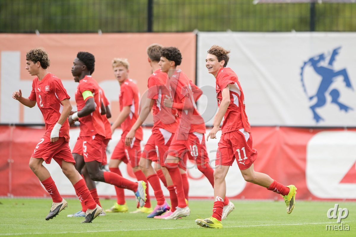 CHUR, SWITZERLAND - September 10: a players of Switzerland celebrate the 2-0 gol during the International friendly match between Switzerland U16 and Luxembourg U16 at Stade de Chur on September 10,2026 in Chur, Switzerland
