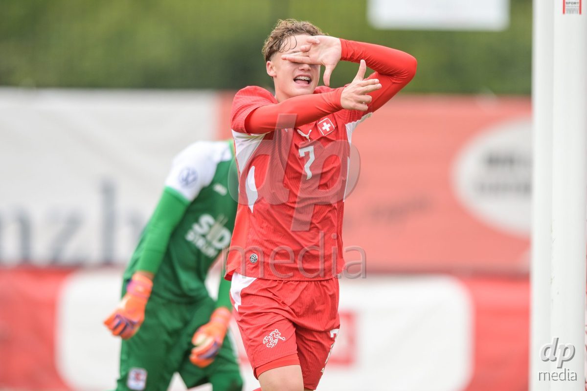 CHUR, SWITZERLAND - September 10: Noel Vinzenz Telser of Switzerland celebrate the 5-1 gol during the International friendly match between Switzerland U16 and Luxembourg U16 at Stade de Chur on September 10,2026 in Chur, Switzerland