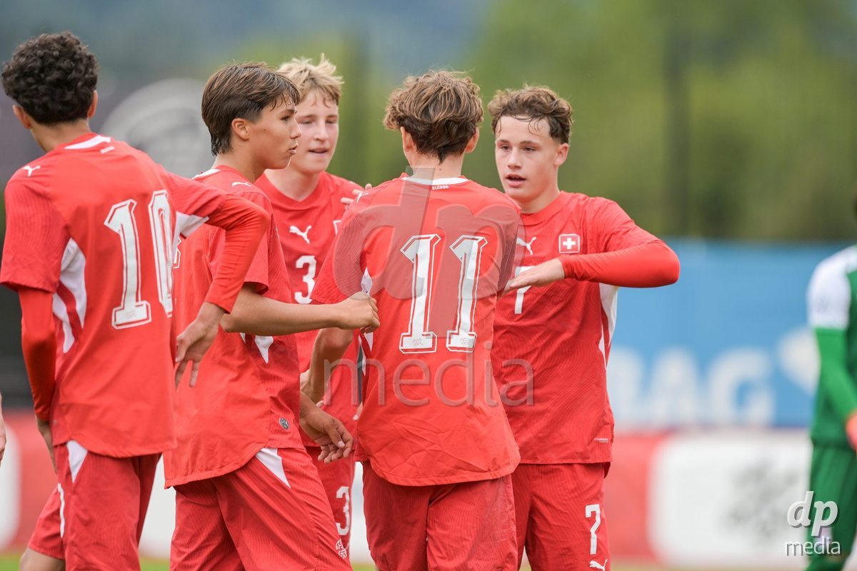 CHUR, SWITZERLAND - September 10: Elon Sinani of Switzerland celebrate the 7-1 gol during the International friendly match between Switzerland U16 and Luxembourg U16 at Stade de Chur on September 10,2026 in Chur, Switzerland