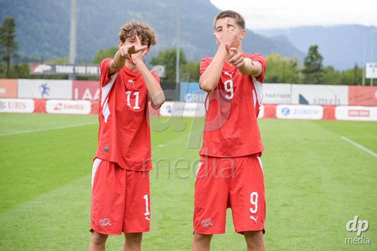 CHUR, SWITZERLAND - September 10: Elon Sinani and Rafael Rudin of Switzerland celebrate the victory after the International friendly match between Switzerland U16 and Luxembourg U16 at Stade de Chur on September 10,2026 in Chur, Switzerland