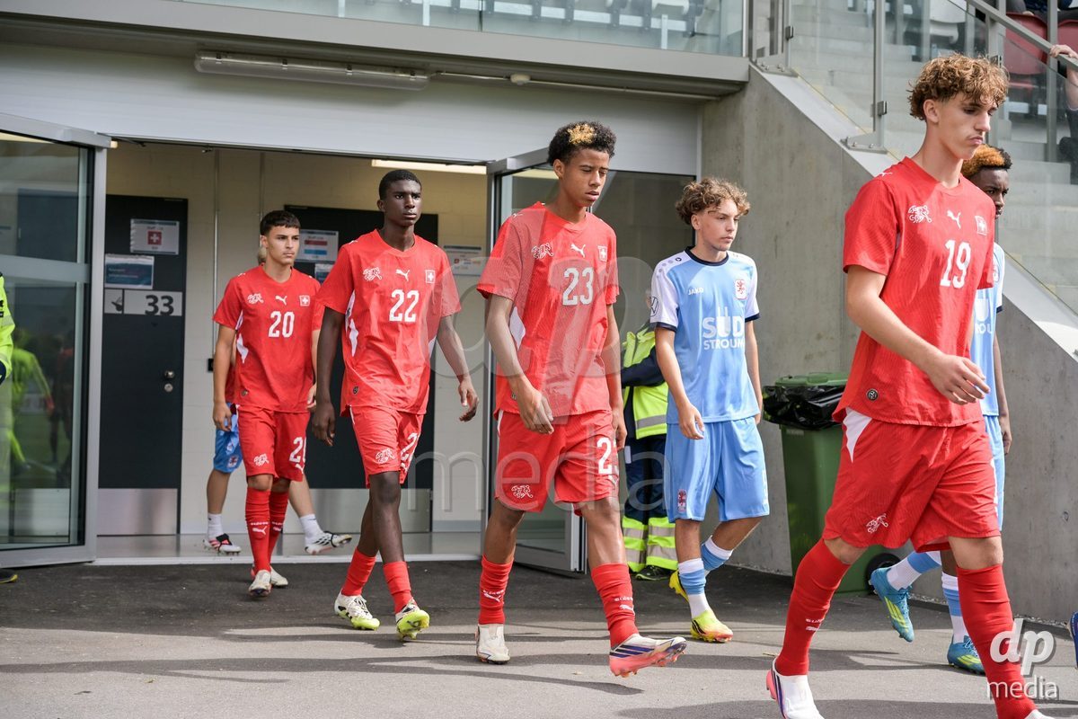 CHUR, SWITZERLAND - September 10: The players enter the field during the International friendly match between Switzerland U16 and Luxembourg U16 at Stade de Chur on September 10,2026 in Chur, Switzerland
