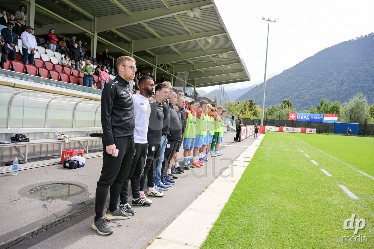 CHUR, SWITZERLAND - September 10: The Luxembourg U16 team on the pitch for the national anthem during the International friendly match between Switzerland U16 and Luxembourg U16 at Stade de Chur on September 10,2026 in Chur, Switzerland