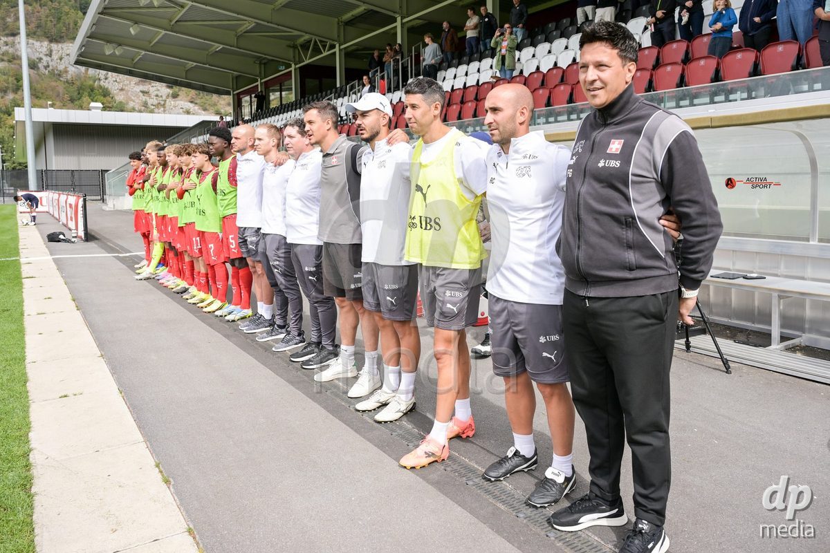 CHUR, SWITZERLAND - September 10: The Switzerland U16 team on the pitch for the national anthem during the International friendly match between Switzerland U16 and Luxembourg U16 at Stade de Chur on September 10,2026 in Chur, Switzerland