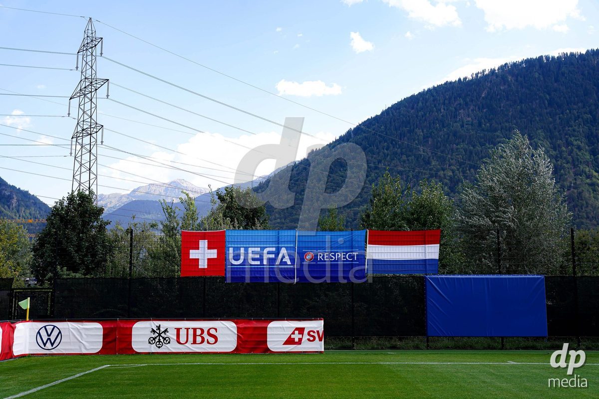 OBERE AU, Switzerland - September 8: Switzerland, Luxembourg and UEFA flags during the International Friendly U20 match between Switzerland and Luxembourg at TBD on September 8, 2026 in Obere Au, Switzerland.