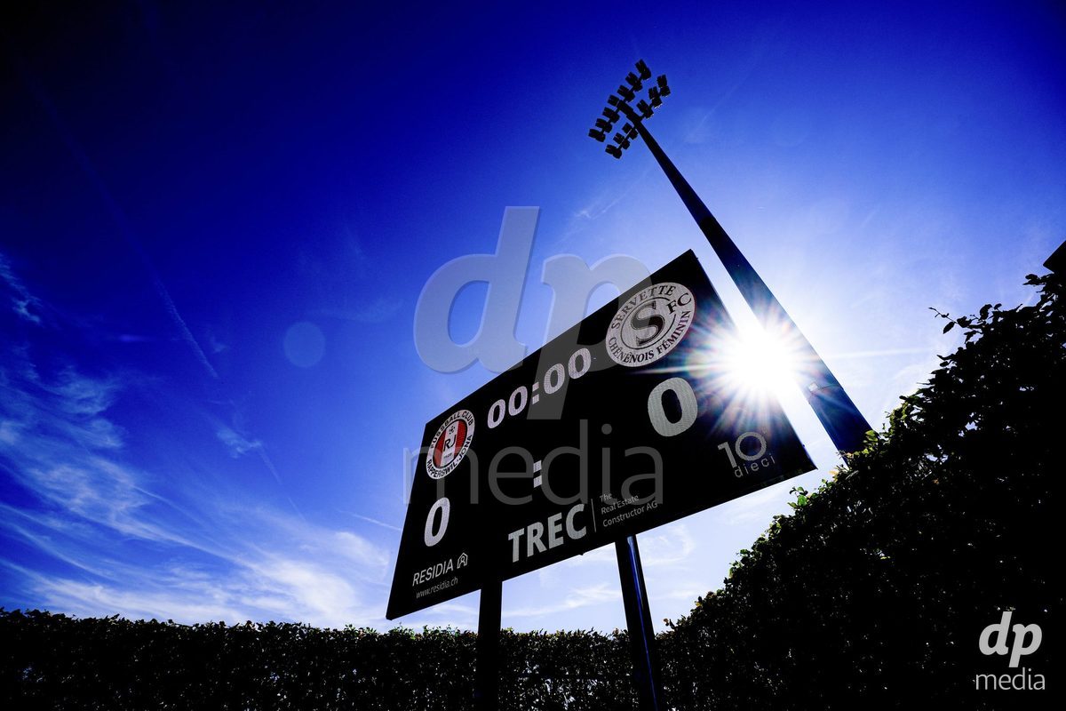 Rapperswil, Switzerland - September 12: Score board prior to the AXA Women's Super League match between FC Rapperswil-Jona and Servette FC Chenois Feminin at Stadion Grünfeld on September 12, 2026 in Rapperswil, Switzerland.