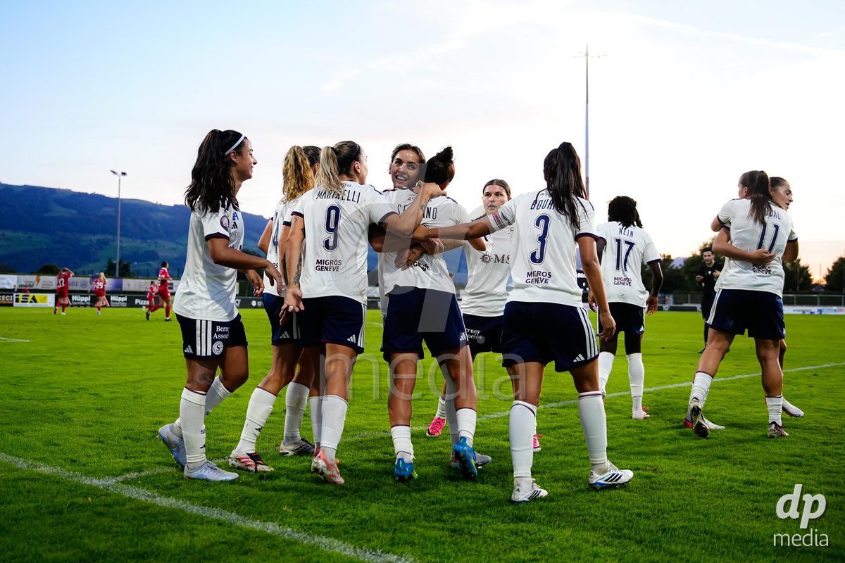 Rapperswil, Switzerland - September 12: Paula Serrano of Servette FC Chenois Feminin celebrating with team after scoring teams second goal during the AXA Women's Super League match between FC Rapperswil-Jona and Servette FC Chenois Feminin at Stadion Grünfeld on September 12, 2026 in Rapperswil, Switzerland.