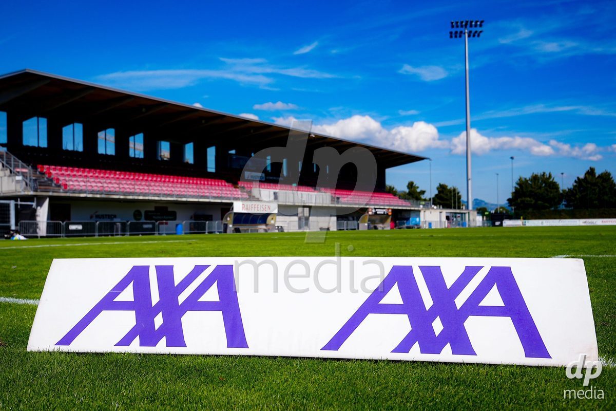 Rapperswil, Switzerland - September 12: AXA sponsor board prior to the Women's Super League match between FC Rapperswil-Jona and Servette FC Chenois Feminin at Stadion Grünfeld on September 12, 2026 in Rapperswil, Switzerland.
