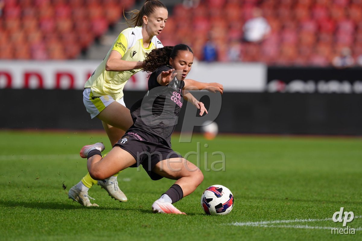 Zurich, Switzerland - September 13: Nevia Stoob of FC Zürich against Carla Christen of FC Basel 1893 during the AXA Women's Super League match between FC Zurich and FC Basel 1893 at Stadion Letzigrund on September 13, 2026 in Zurich, Switzerland.