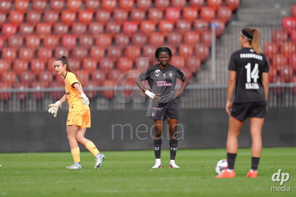 Zurich, Switzerland - September 13: Wasiima Mohammed and Goalkeeper Riana Gmur of FC Zürich disappointed after the 0:1 for FC Basel during the AXA Women's Super League match between FC Zurich and FC Basel 1893 at Stadion Letzigrund on September 13, 2026 in Zurich, Switzerland.