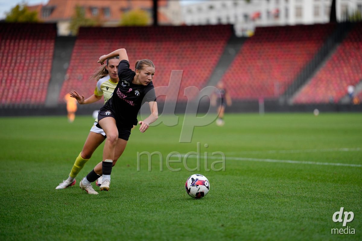 Zurich, Switzerland - September 13: Marlene Wild of FC Zürich against Alice Ilaria Berti of FC Basel 1893 during the AXA Women's Super League match between FC Zurich and FC Basel 1893 at Stadion Letzigrund on September 13, 2026 in Zurich, Switzerland.