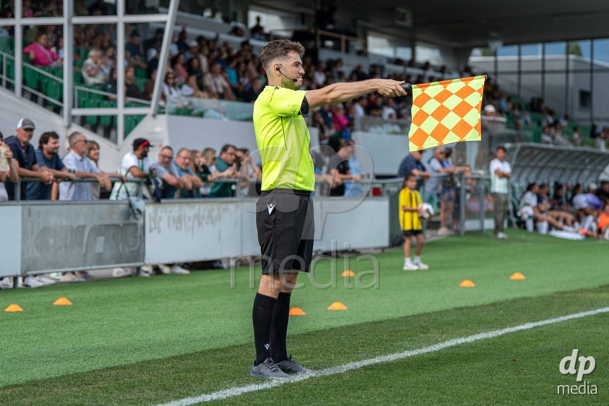 YVERDON-LES-BAINS - SWITZERLAND - SEPTEMBER 13 : Assistant referee, Dorian Begzati, in action during the AXA Women's Super League match between Yverdon Sport Women and FC Aarau Frauen at Stade Municipal on September 13, 2026 in Yverdon-les-Bains, Switzerland.