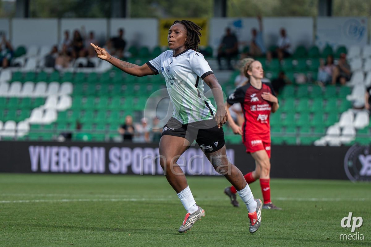 YVERDON-LES-BAINS - SWITZERLAND - SEPTEMBER 13 : Maeva Sogan of Yverdon Sport Women scores the goal (3-1) during the AXA Women's Super League match between Yverdon Sport Women and FC Aarau Frauen at Stade Municipal on September 13, 2026 in Yverdon-les-Bains, Switzerland.