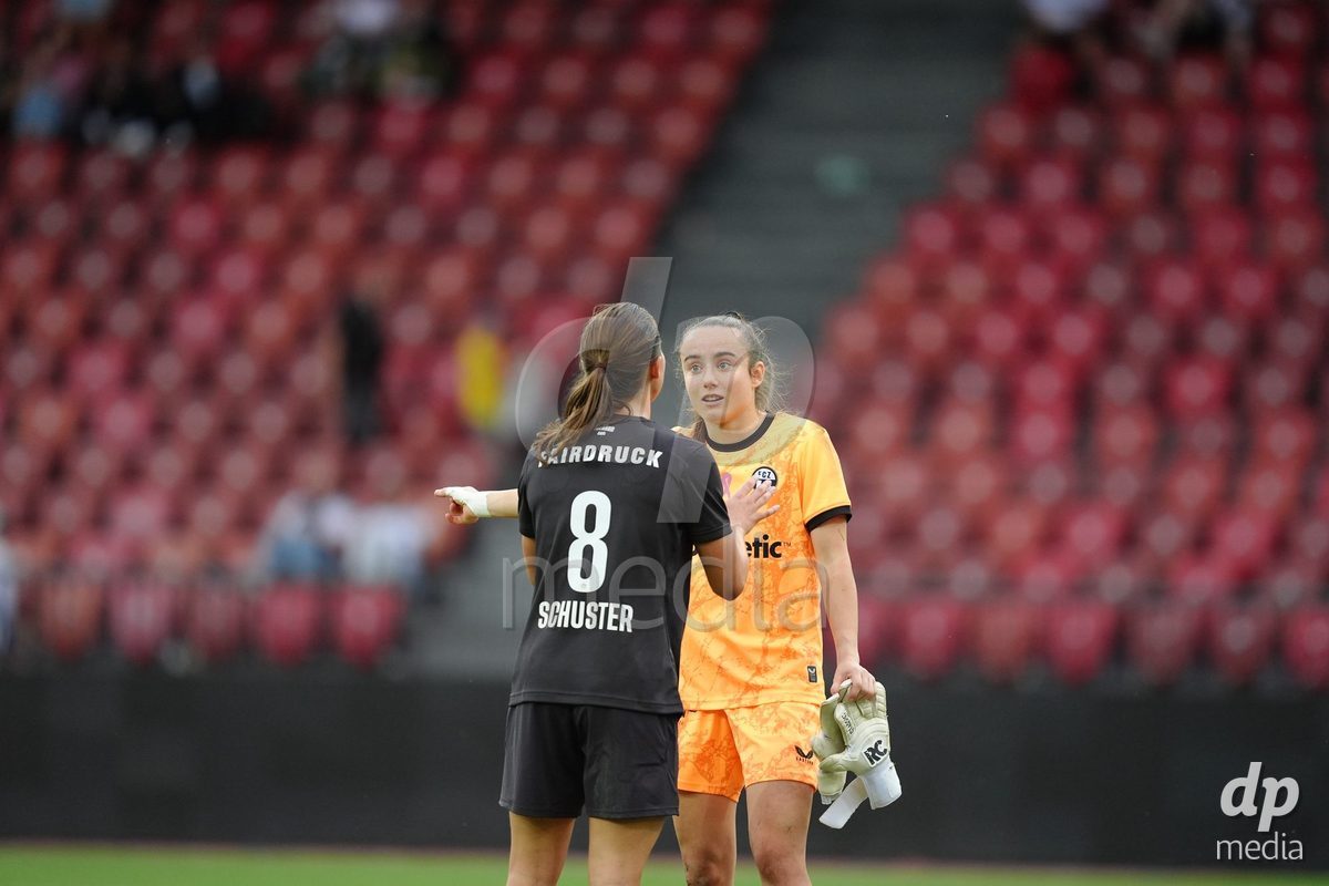 Zurich, Switzerland - September 13: Goalkeeper Riana Gmur in talk with Amelie Schuster of FC Zürich after the AXA Women's Super League match between FC Zurich and FC Basel 1893 at Stadion Letzigrund on September 13, 2026 in Zurich, Switzerland.