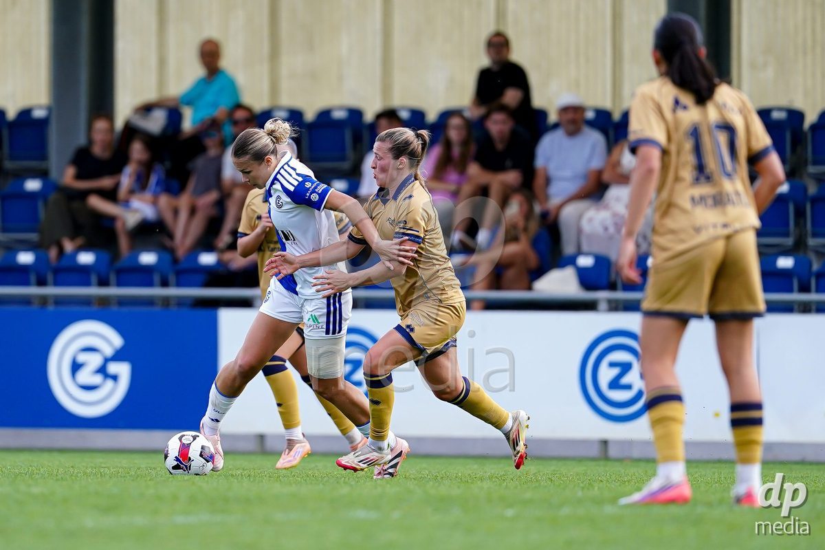 NIEDERHASLI, SWITZERLAND - September 13: Katja Nicola Orschmann FC Luzern (R) and Ella Ljustina of GC Frauenfussball (L) battle for the ball during the AXA Women's Super League match between GC Frauenfussball and FC Luzern at GC Campus on September 13, 2026 in Niederhasli, Switzerland.
