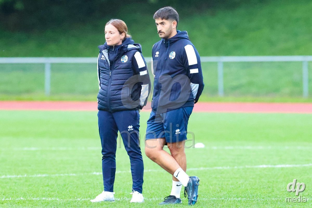 LUZERN, SWITZERLAND - SEPTEMBER 18: Luzia Odermatt (Cheftrainerin, FC Luzern) and Fabian Martins da Eira (Assistenztrainer, FC Luzern) during the AXA Women's Super League match between FC Luzern and FC Yverdon Women at Hubelmatt on September 18, 2026 in Luzern, Switzerland.