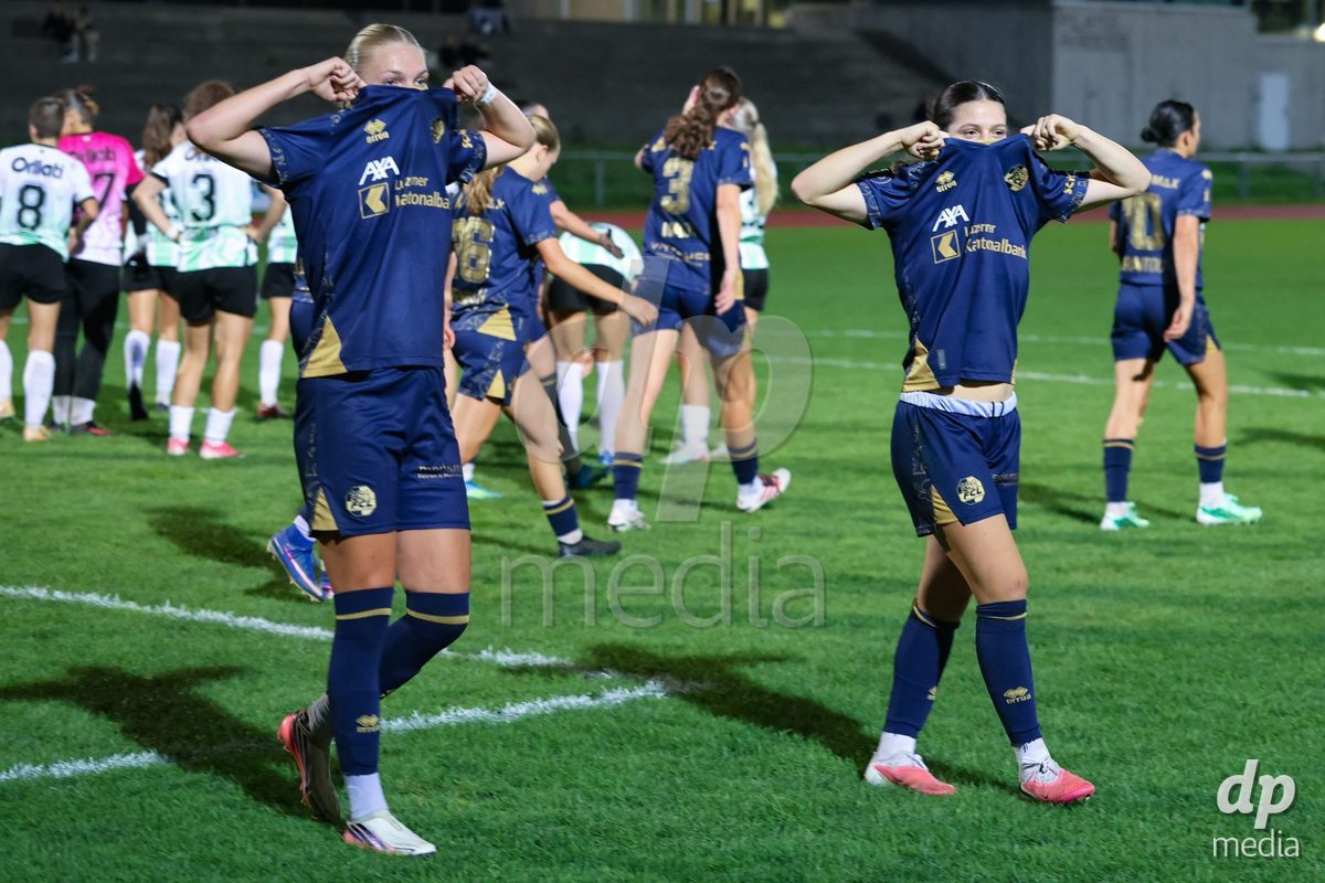 LUZERN, SWITZERLAND - SEPTEMBER 18: Goalscorer 2;1 Romy Baraniak (8, FC Luzern) and Ramona Schallberger (11, FC Luzern) during the AXA Women's Super League match between FC Luzern and FC Yverdon Women at Hubelmatt on September 18, 2026 in Luzern, Switzerland.