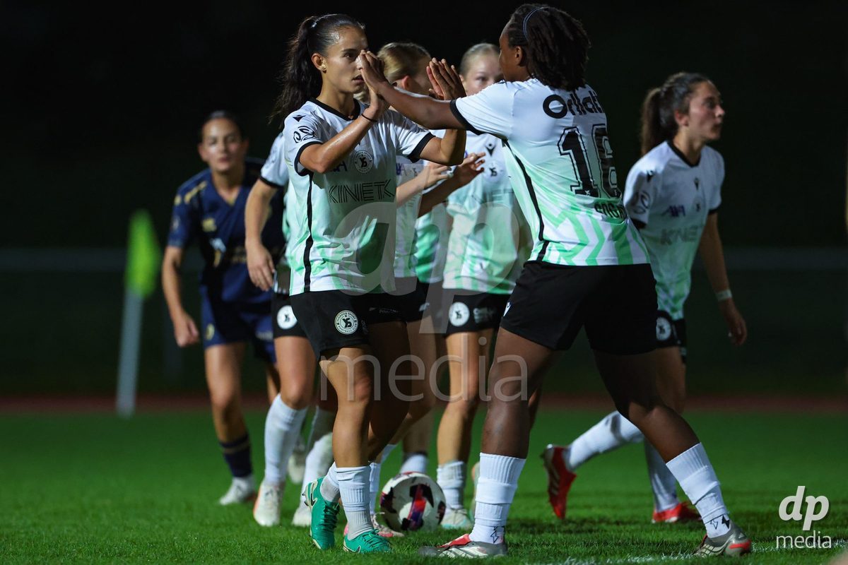 LUZERN, SWITZERLAND - SEPTEMBER 18: Goalscorer Ines Khiri (9, Yverdon Sport FC, l.) and Chloé Warpelin (19, Yverdon Sport FC) during the AXA Women's Super League match between FC Luzern and FC Yverdon Women at Hubelmatt on September 18, 2026 in Luzern, Switzerland.