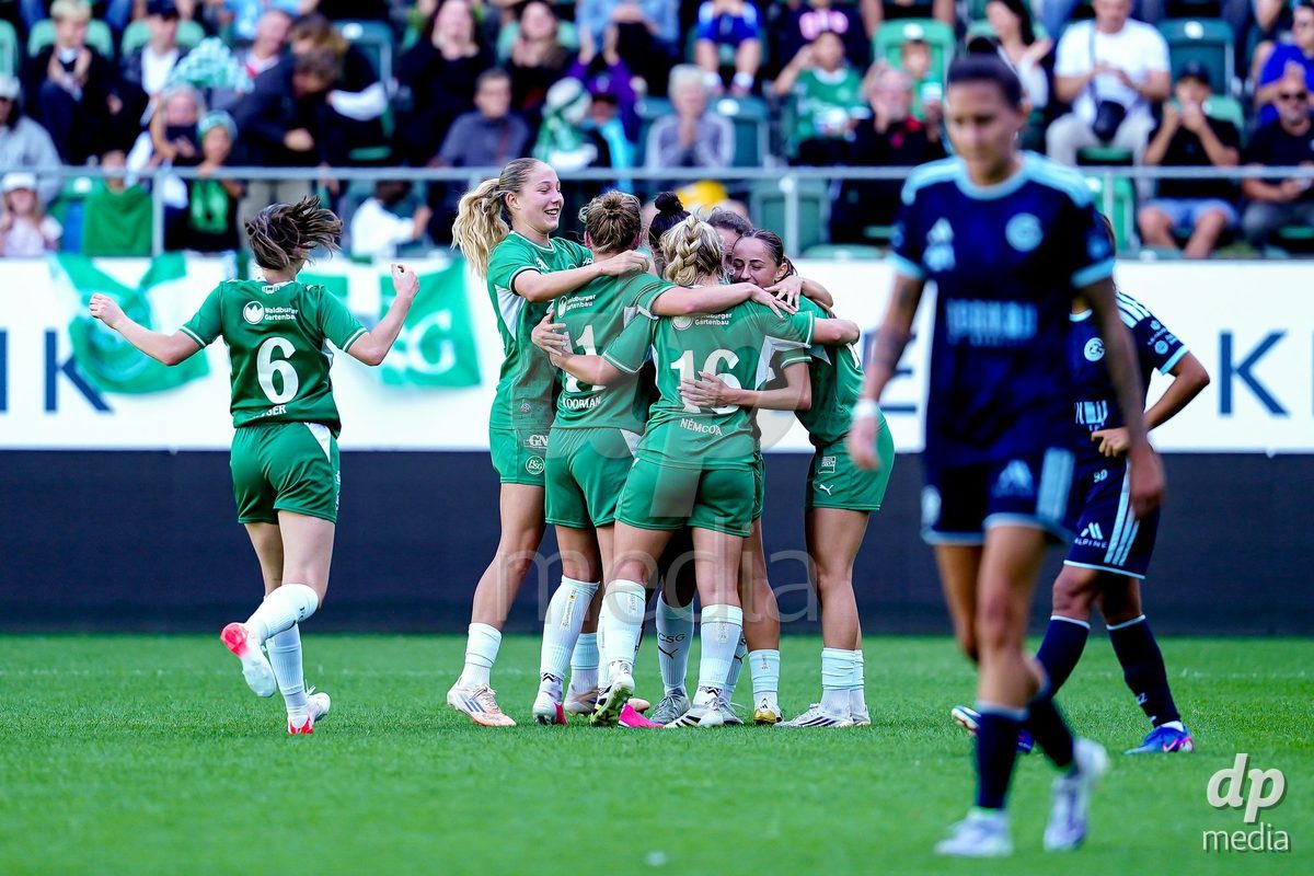ST. GALLEN, SWITZERLAND - SEPTEMBER 19: Alzbeta Nemcova of St.Gallen 1879 celebrating with team after scoring teams first goal during the AXA Women's Super League match between FC St. Gallen 1879 and GC Frauenfussball at Berit Sitterstadion on September 19, 2026 in St. Gallen, Switzerland.