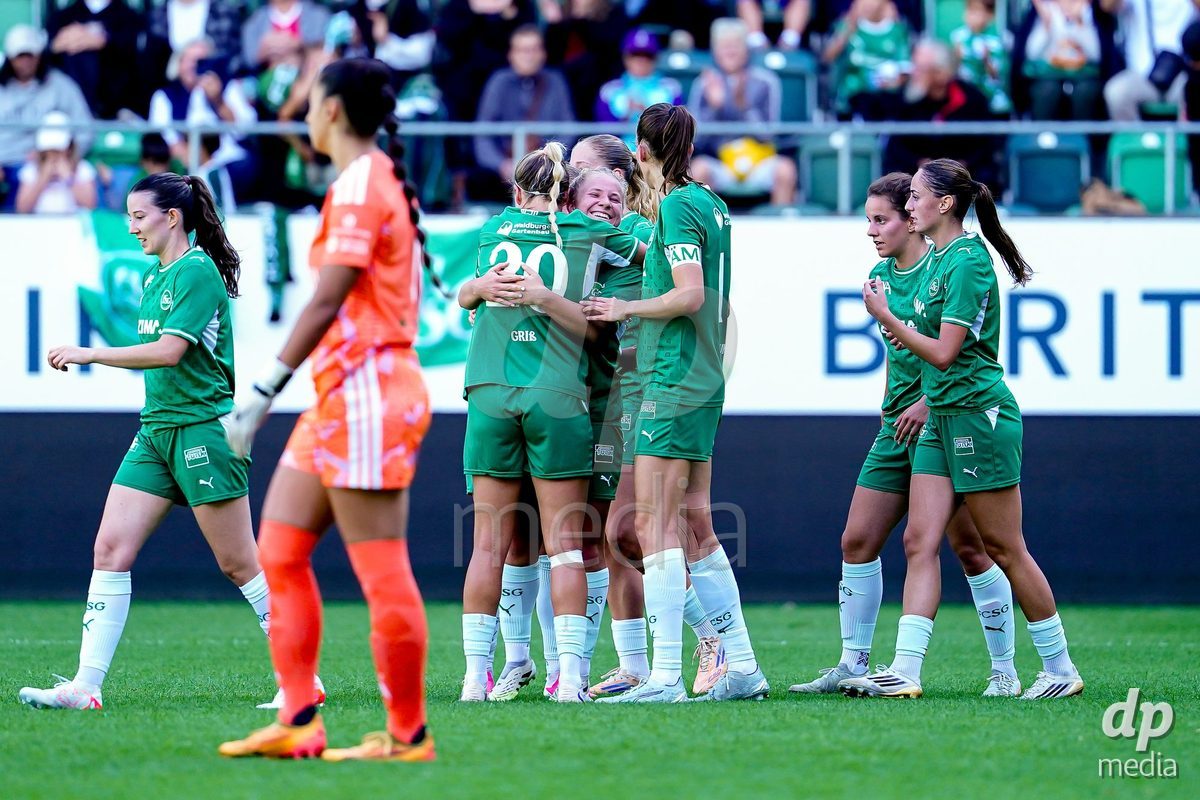ST. GALLEN, SWITZERLAND - SEPTEMBER 19: Alzbeta Nemcova of St.Gallen 1879 celebrating with team after scoring teams first goal during the AXA Women's Super League match between FC St. Gallen 1879 and GC Frauenfussball at Berit Sitterstadion on September 19, 2026 in St. Gallen, Switzerland.