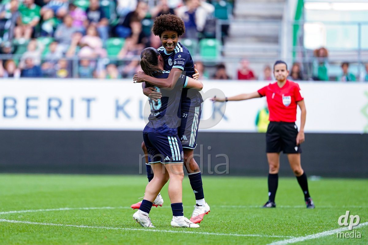 ST. GALLEN, SWITZERLAND - SEPTEMBER 19: Sury Lamontana of GC Frauenfussball celebrating with team after scoring teams second goal during the AXA Women's Super League match between FC St. Gallen 1879 and GC Frauenfussball at Berit Sitterstadion on September 19, 2026 in St. Gallen, Switzerland.