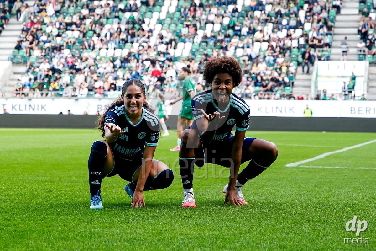 ST. GALLEN, SWITZERLAND - SEPTEMBER 19: Sury Lamontana of GC Frauenfussball celebrating with team after scoring teams second goal during the AXA Women's Super League match between FC St. Gallen 1879 and GC Frauenfussball at Berit Sitterstadion on September 19, 2026 in St. Gallen, Switzerland.