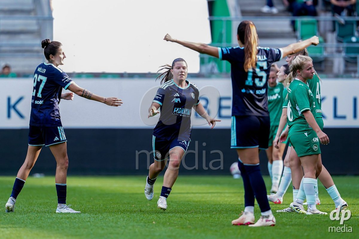 ST. GALLEN, SWITZERLAND - SEPTEMBER 19: Michelle Storni of GC Frauenfussball celebrating after scoring teams fourth goal during the AXA Women's Super League match between FC St. Gallen 1879 and GC Frauenfussball at Berit Sitterstadion on September 19, 2026 in St. Gallen, Switzerland.