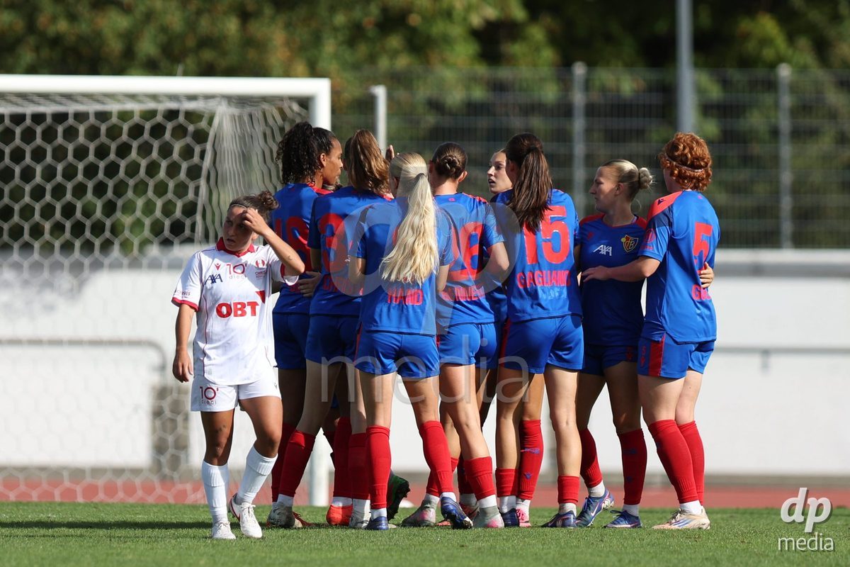 BASEL, SWITZERLAND - September 19: FC Basel 1893 players players celebrating first goal of 10 Julia Denise Matuschewski of FC Basel 1893 during the AXA Women's Super League match between FC Basel and FC Rapperswil-Jona at Leichtathletik-stadion on September 19, 2026 in Basel, Switzerland.