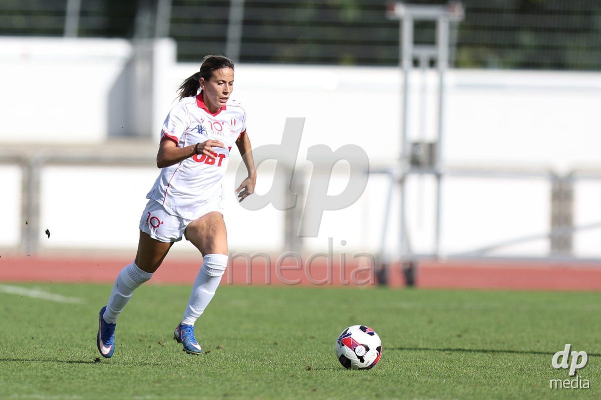 BASEL, SWITZERLAND - September 19: 7 Evdokia Dimitrova Popadinova of FC Rapperswil-Jona in action during the AXA Women's Super League match between FC Basel and FC Rapperswil-Jona at Leichtathletik-stadion on September 19, 2026 in Basel, Switzerland.