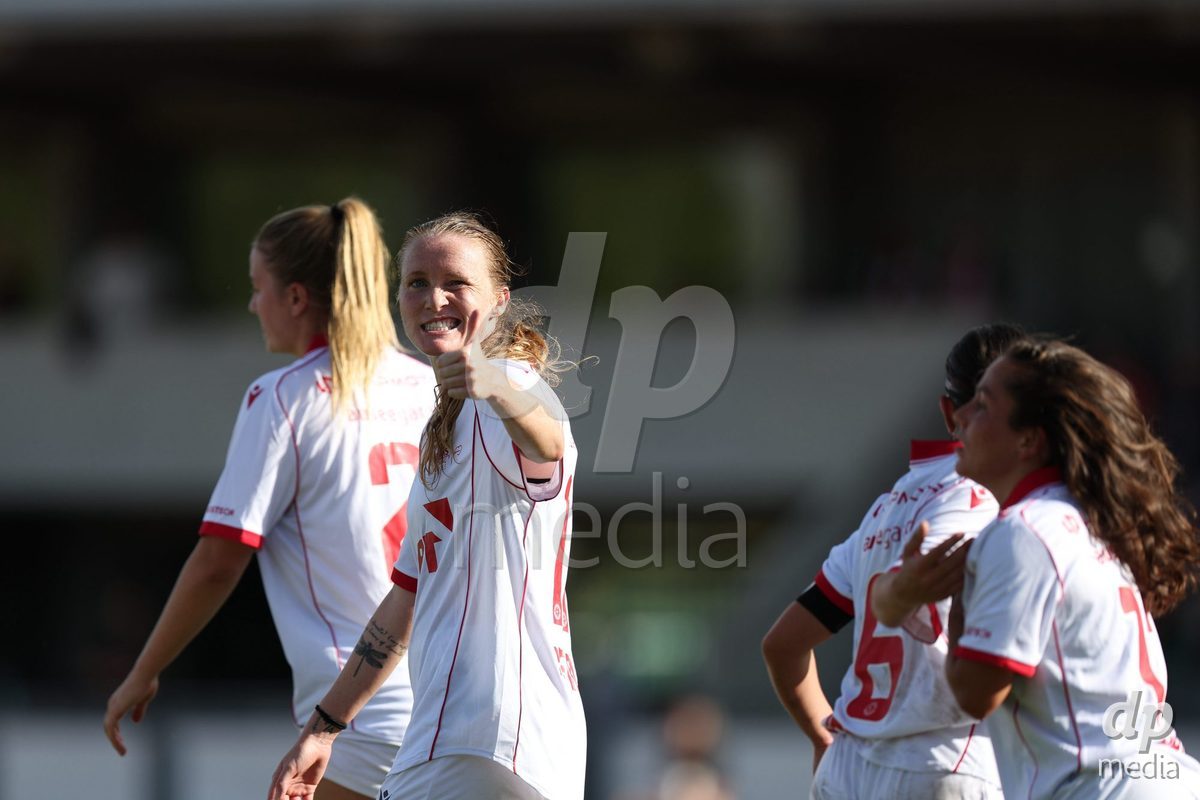 BASEL, SWITZERLAND - September 19: 17 Leyla Mcfarland of FC Rapperswil-Jona celebrates scoring her team's first goal to make the score 1-1 during the AXA Women's Super League match between FC Basel and FC Rapperswil-Jona at Leichtathletik-stadion on September 19, 2026 in Basel, Switzerland.