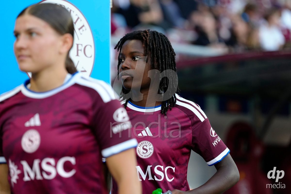 GENEVA, SWITZERLAND - SEPTEMBER 23: Chiara Wallin and Garance Nein of Servette FC Chenois Feminin before the UEFA Women's Champions League match between Servette FC Chenois Feminin and OL Lyonnes at Stade de Geneve on September 23, 2026 in Geneva, Switzerland.