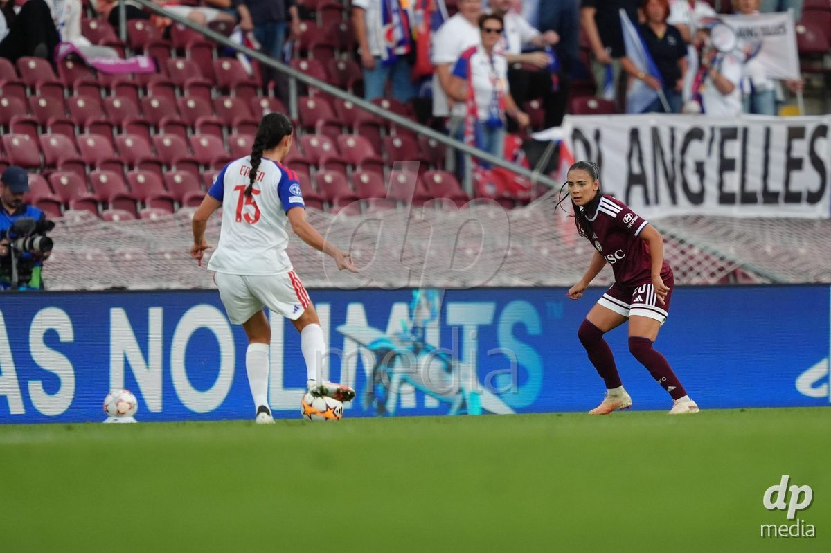 GENEVA, SWITZERLAND - SEPTEMBER 23: Meriame Terchoun of Servette FC Chenois Feminin against Ingrid Engen of Olympique Lyon during the UEFA Women's Champions League match between Servette FC Chenois Feminin and OL Lyonnes at Stade de Geneve on September 23, 2026 in Geneva, Switzerland.