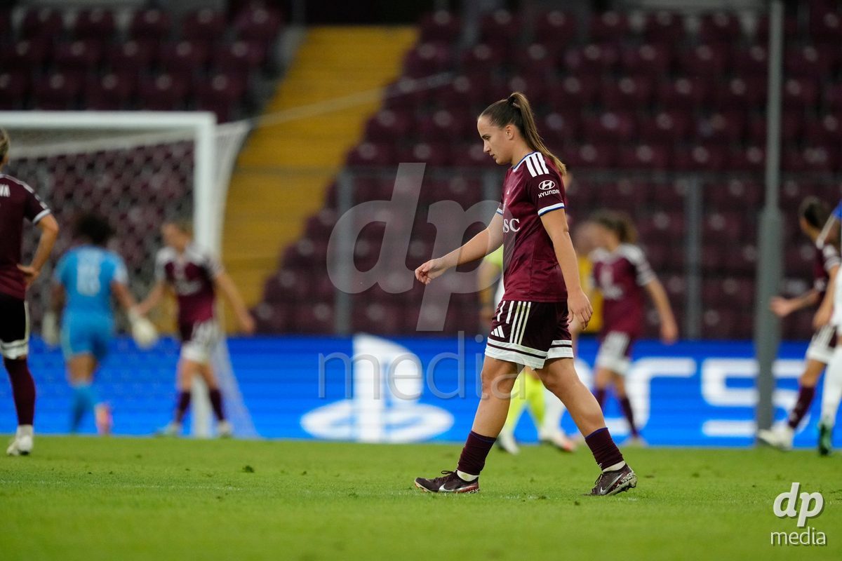 GENEVA, SWITZERLAND - SEPTEMBER 23: Magdalena Sobal of Servette FC Chenois Feminin is disappointed after the third goal for OL Lyonnes during the UEFA Women's Champions League match between Servette FC Chenois Feminin and OL Lyonnes at Stade de Geneve on September 23, 2026 in Geneva, Switzerland.