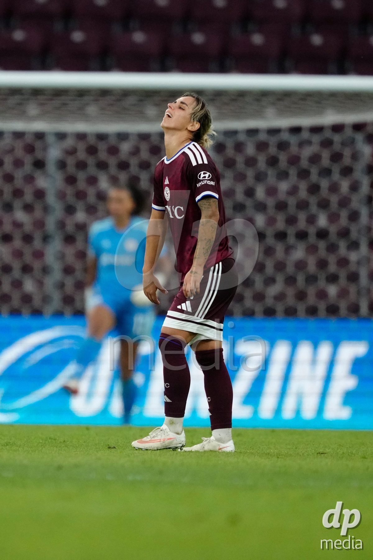 GENEVA, SWITZERLAND - SEPTEMBER 23: Natasa Andonova of Servette FC Chenois Feminin is disappointed after the third goal for OL Lyonnes during the UEFA Women's Champions League match between Servette FC Chenois Feminin and OL Lyonnes at Stade de Geneve on September 23, 2026 in Geneva, Switzerland.