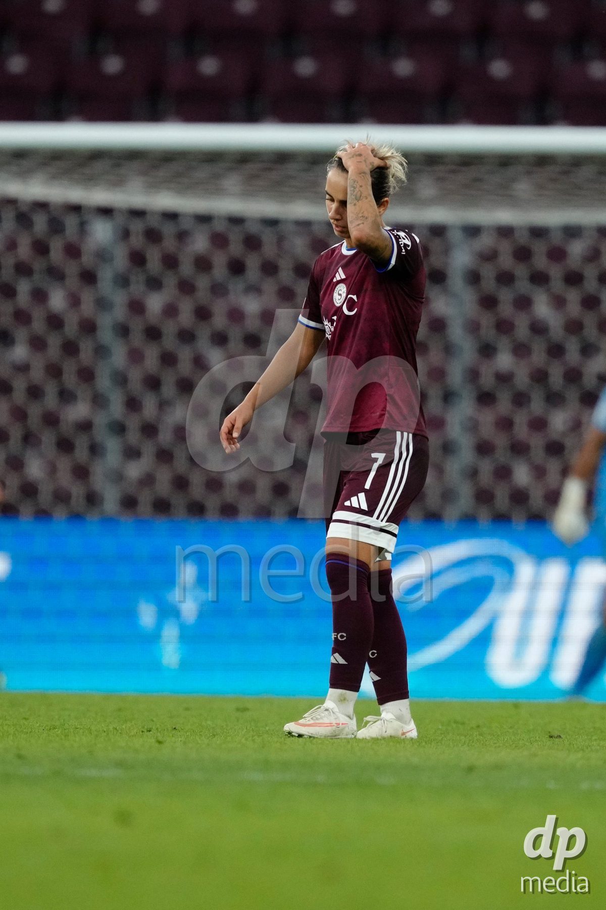 GENEVA, SWITZERLAND - SEPTEMBER 23: Natasa Andonova of Servette FC Chenois Feminin is disappointed after the third goal for OL Lyonnes during the UEFA Women's Champions League match between Servette FC Chenois Feminin and OL Lyonnes at Stade de Geneve on September 23, 2026 in Geneva, Switzerland.