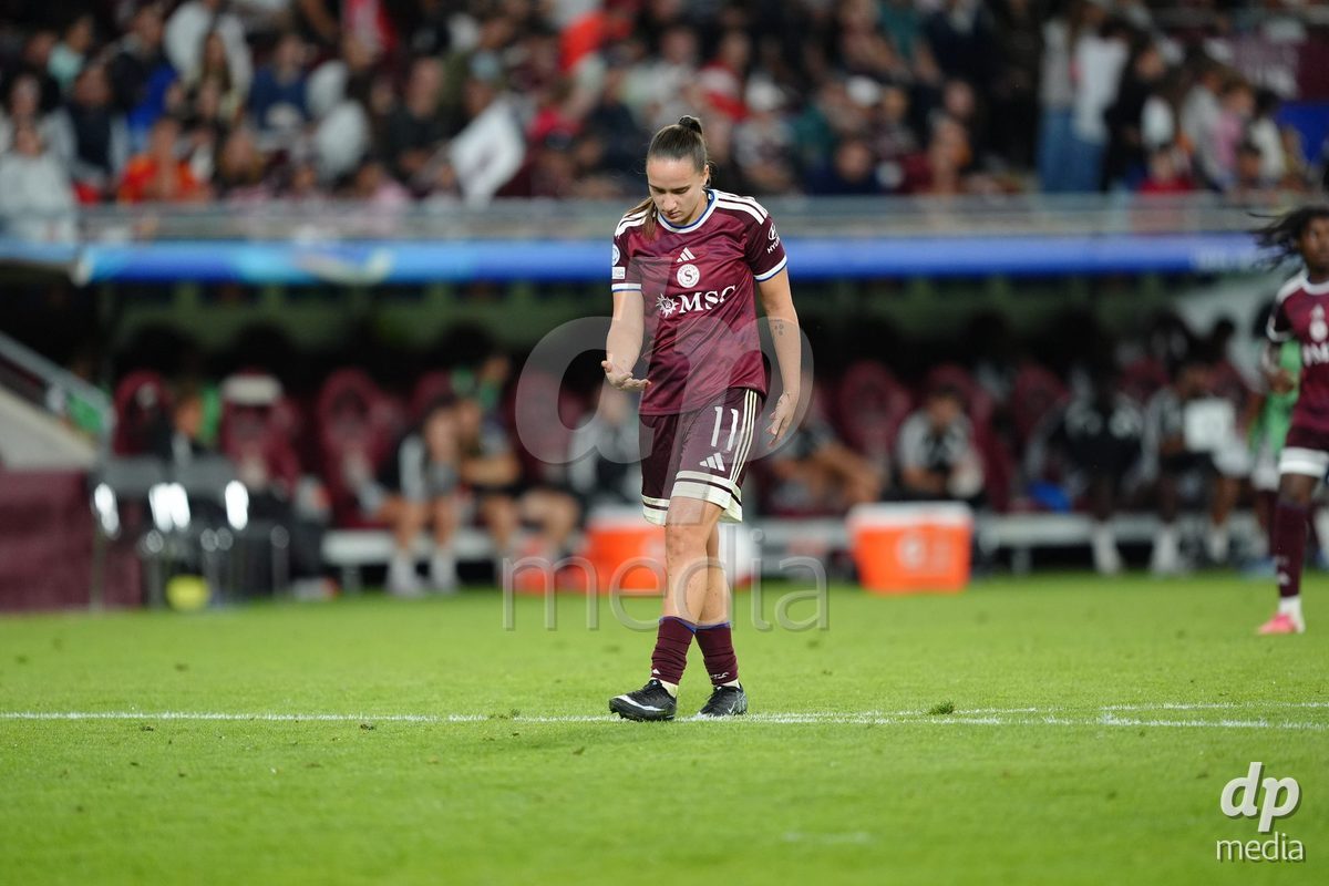 GENEVA, SWITZERLAND - SEPTEMBER 23: Magdalena Sobal of Servette FC Chenois Feminin disappointed after the UEFA Women's Champions League match between Servette FC Chenois Feminin and OL Lyonnes at Stade de Geneve on September 23, 2026 in Geneva, Switzerland.