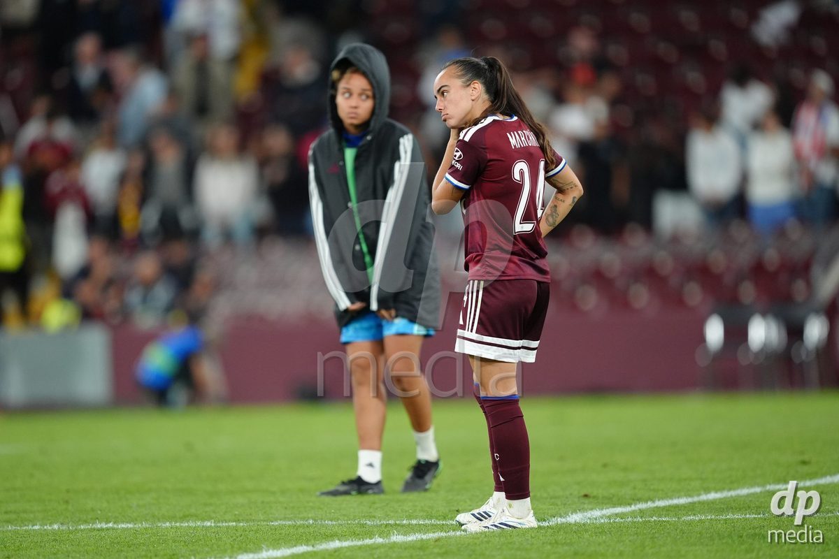 GENEVA, SWITZERLAND - SEPTEMBER 23: Joana Marchao of Servette FC Chenois Feminin disappointed after the UEFA Women's Champions League match between Servette FC Chenois Feminin and OL Lyonnes at Stade de Geneve on September 23, 2026 in Geneva, Switzerland.