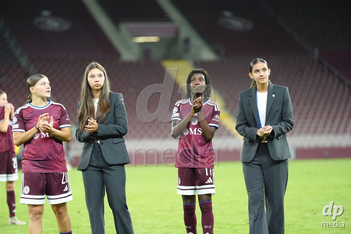 GENEVA, SWITZERLAND - SEPTEMBER 23: Lea Sergeant-Huet, Chiara Wallin, Goalkeeper Abby Blanco and Garance Nein of Servette FC Chenois Feminin after the UEFA Women's Champions League match between Servette FC Chenois Feminin and OL Lyonnes at Stade de Geneve on September 23, 2026 in Geneva, Switzerland.