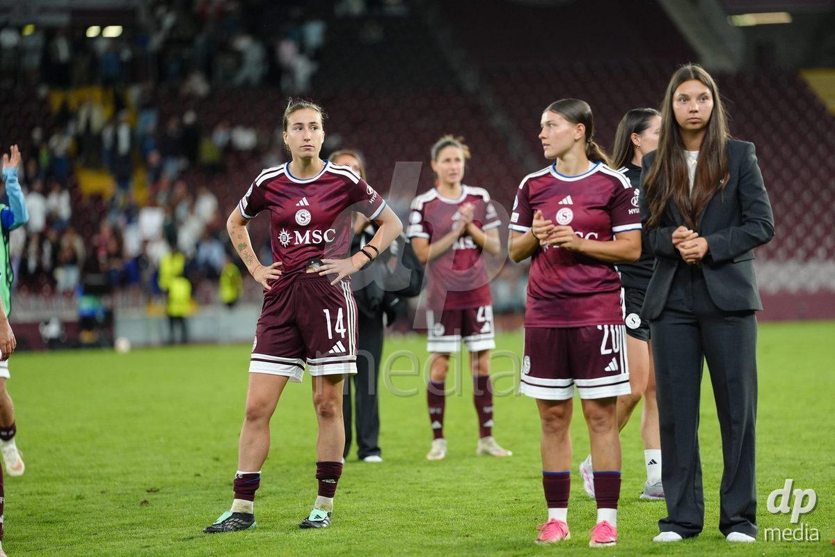 GENEVA, SWITZERLAND - SEPTEMBER 23: Lea Sergeant-Huet, Laia Balleste, Chiara Wallin and Noemie Carage of Servette FC Chenois Feminin after the UEFA Women's Champions League match between Servette FC Chenois Feminin and OL Lyonnes at Stade de Geneve on September 23, 2026 in Geneva, Switzerland.