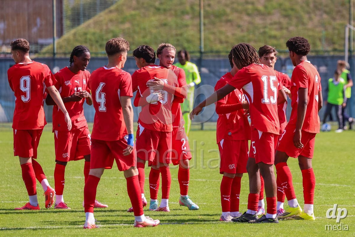 DUNAJSKA LUZNA, SLOVAKIA - SEPTEMBER 25: Swiss delight the International Friendly football match between Switzerland U19 and Poland U19 on September 25, 2026 in Dunajska Luzna, Slovakia.