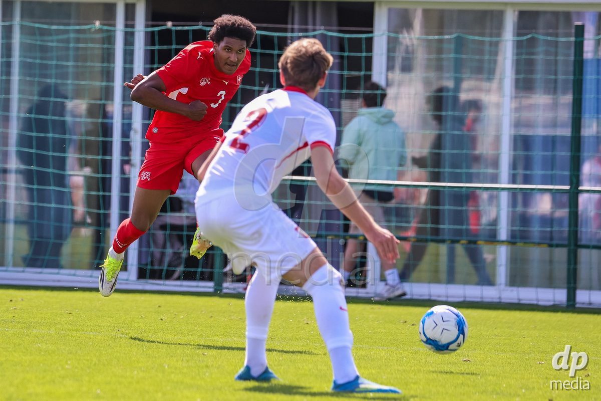 DUNAJSKA LUZNA, SLOVAKIA - SEPTEMBER 25: Olivier Mambwa the International Friendly football match between Switzerland U19 and Poland U19 on September 25, 2026 in Dunajska Luzna, Slovakia.