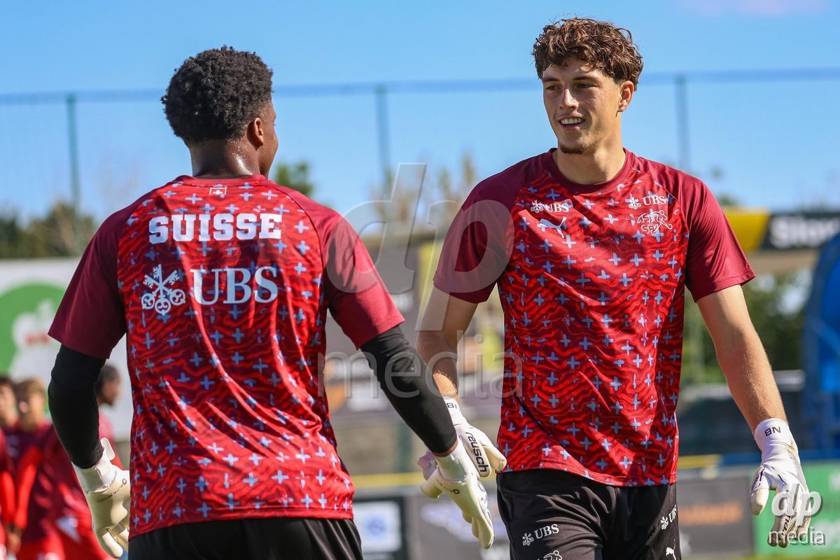 DUNAJSKA LUZNA, SLOVAKIA - SEPTEMBER 25: Swiss goalkeeper warm-up the International Friendly football match between Switzerland U19 and Poland U19 on September 25, 2026 in Dunajska Luzna, Slovakia.