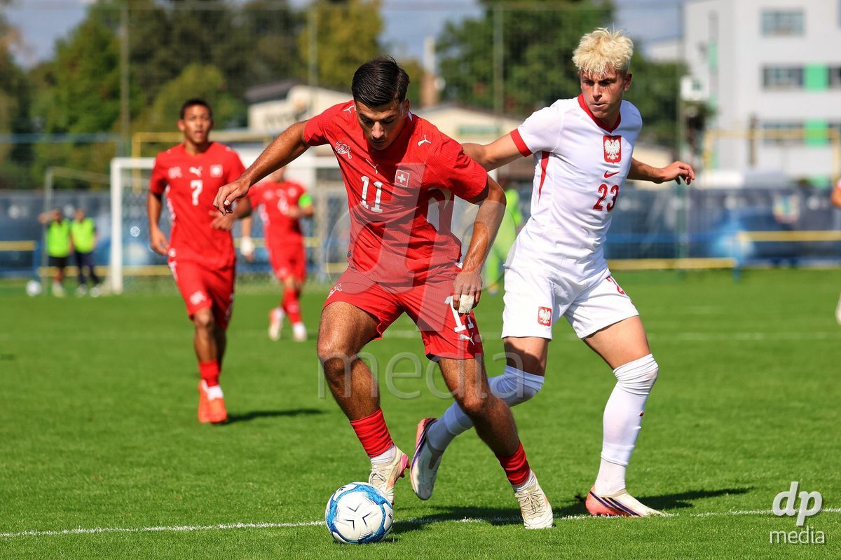 DUNAJSKA LUZNA, SLOVAKIA - SEPTEMBER 25: Nevio Scherrer 11  the International Friendly football match between Switzerland U19 and Poland U19 on September 25, 2026 in Dunajska Luzna, Slovakia.