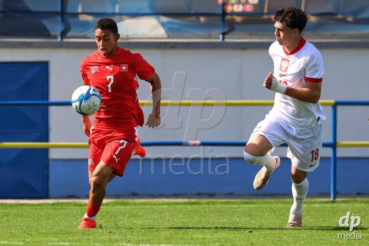 DUNAJSKA LUZNA, SLOVAKIA - SEPTEMBER 25: Sandro Wyss 7 the International Friendly football match between Switzerland U19 and Poland U19 on September 25, 2026 in Dunajska Luzna, Slovakia.