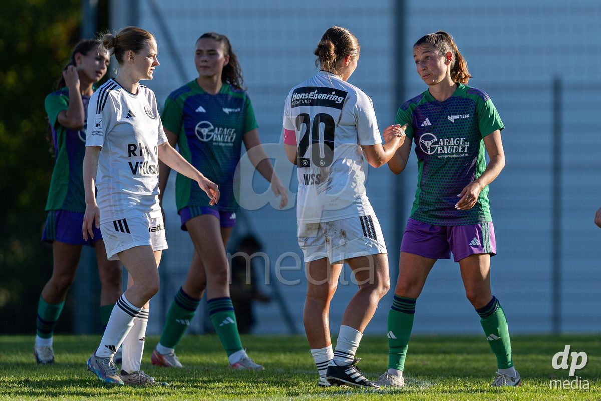 COPPET, SWITZERLAND - SEPTEMBER 27: Alyssa Lagonia of US Terre Sainte and Jennifer Wyss of FC Wil at the end of the AXA Women's Cup match between US Terre Sainte and FC Wil 1900 at Centre sportif des Rojalets on September 27, 2026 in Coppet, Switzerland.