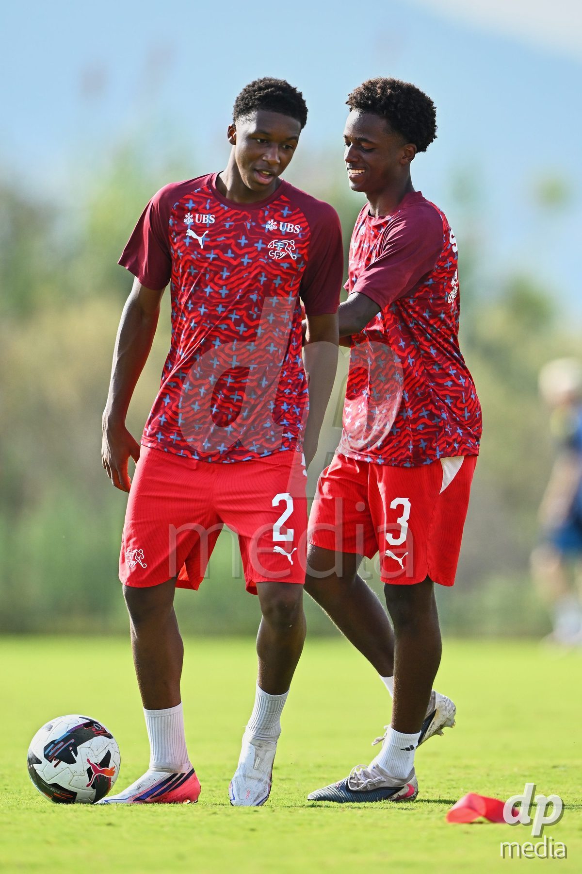 OLIVA NOVA, SPAIN - SEPTEMBER 28: Darren Okoh of Switzerland and Aaron Ikomi of Switzerland during the International Friendly match between Switzerland U17 and Sweden U17 at Oliva Nova Sports Center on September 28, 2026 in Oliva Nova, Spain.