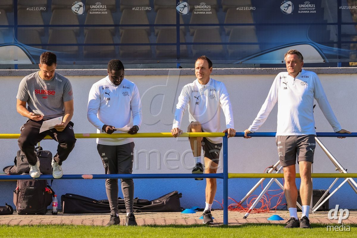 DUNAJSKA LUZNA, SLOVAKIA - SEPTEMBER 28: Switzerland team warm-up the International Friendly football match between Kazakhstan U19 and Switzerland U19 on September 28, 2026 in Dunajska Luzna, Slovakia.