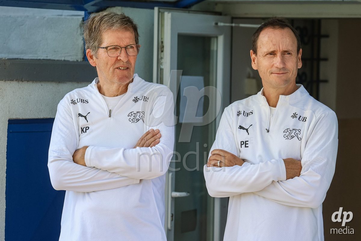 DUNAJSKA LUZNA, SLOVAKIA - SEPTEMBER 28: Switzerland crew members inspection the International Friendly football match between Kazakhstan U19 and Switzerland U19 on September 28, 2026 in Dunajska Luzna, Slovakia.